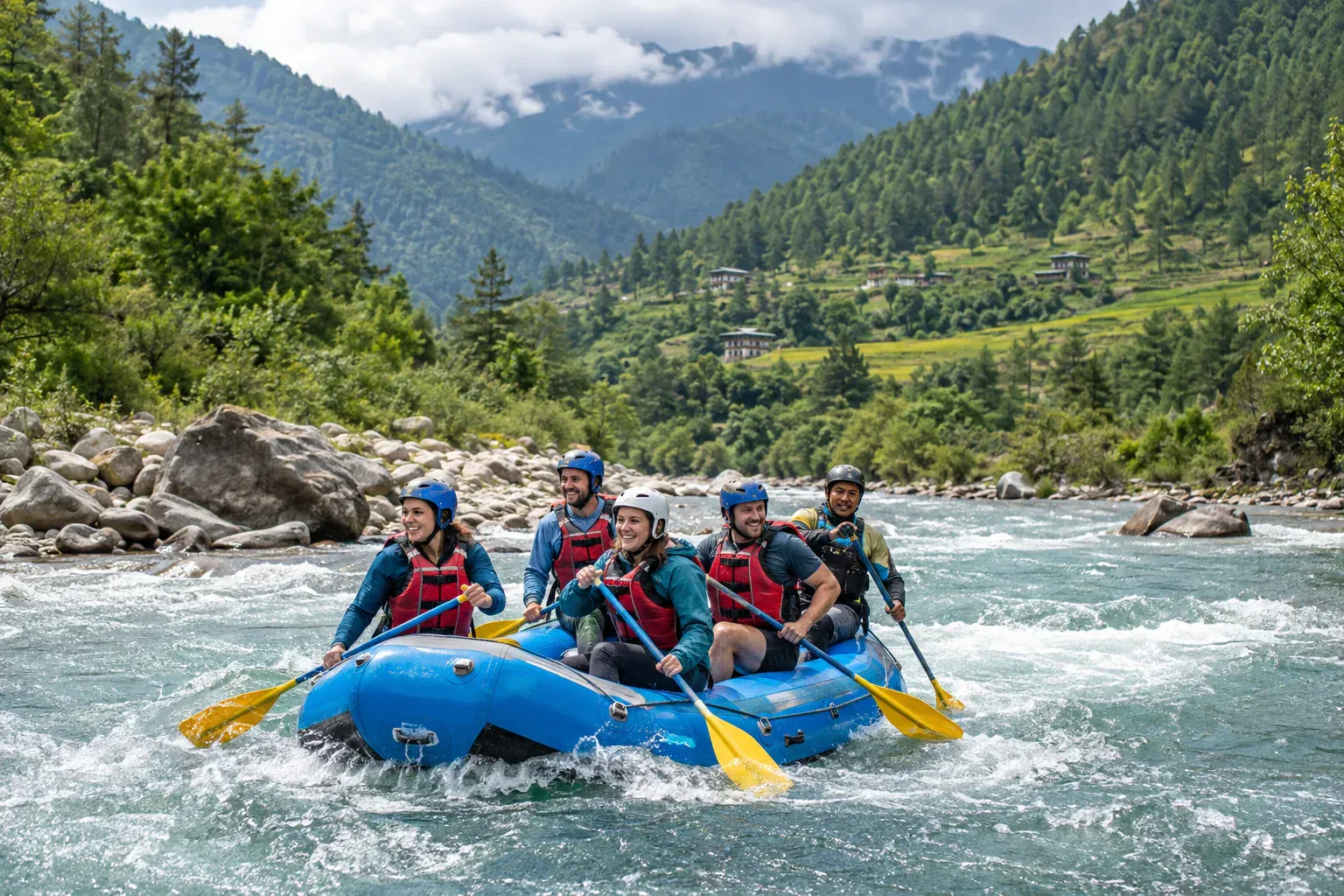 A professionally guided river-rafting experience in a green Himalayan valley