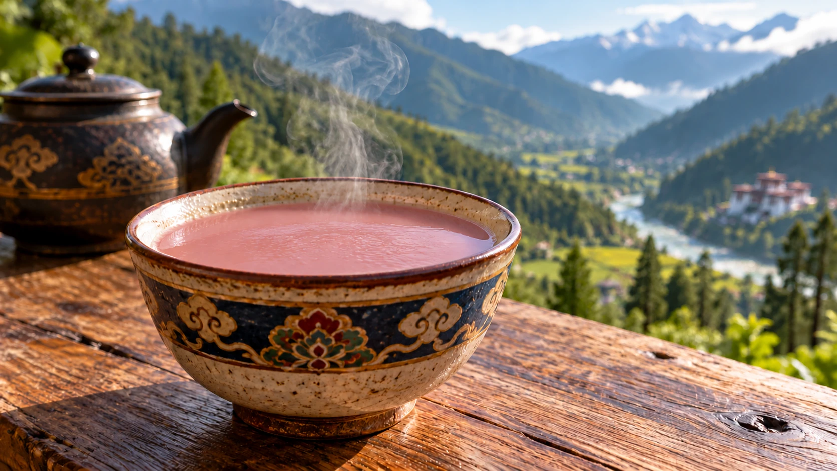 Pink Bhutanese butter tea overlooking a Himalayan valley