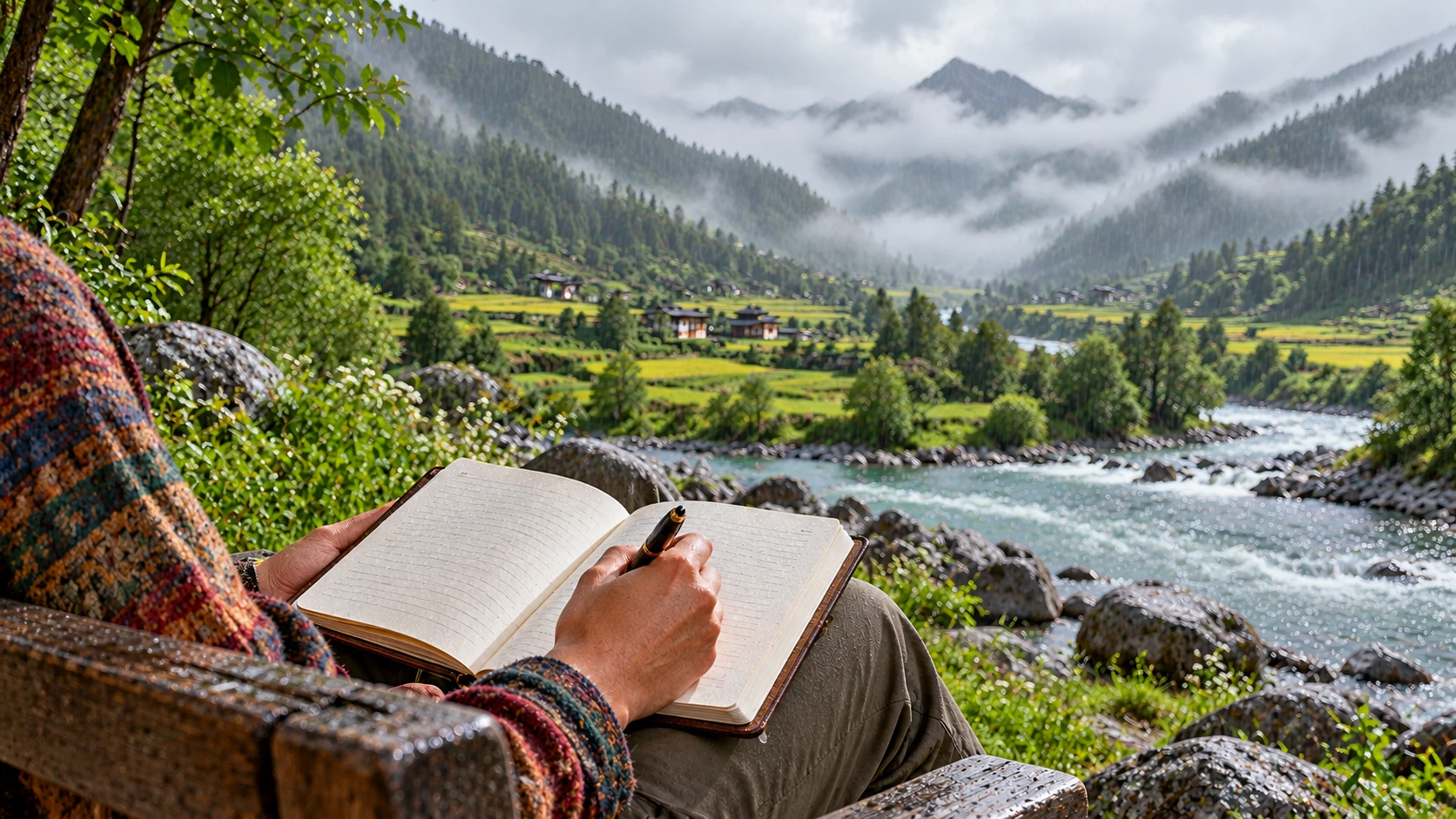 Guest journaling beside a river in a Bhutan-inspired valley