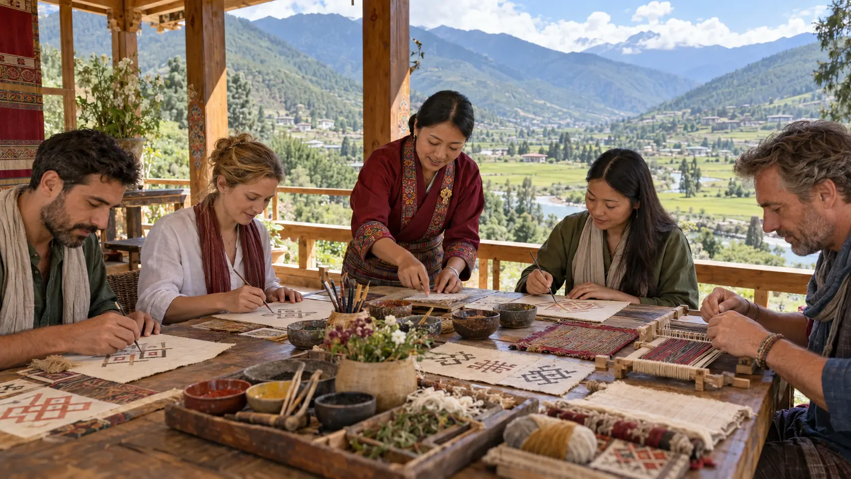 International retreat guests learning a traditional creative practice from a Bhutanese artisan