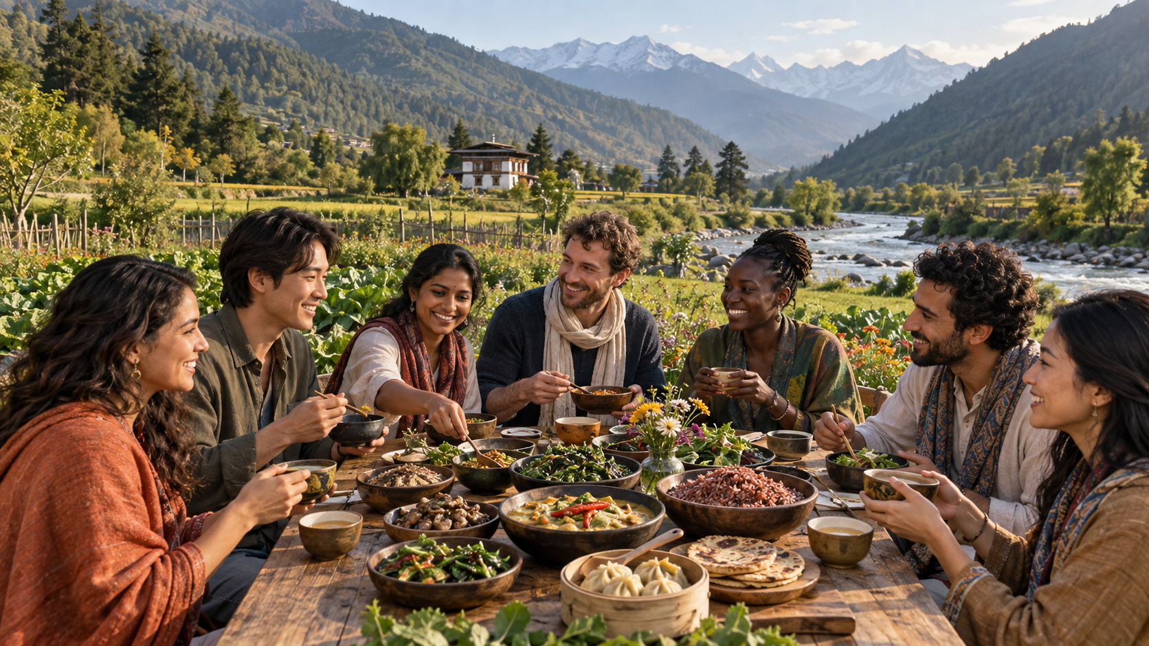 International retreat guests sharing Bhutanese food on a green riverside farm in Paro