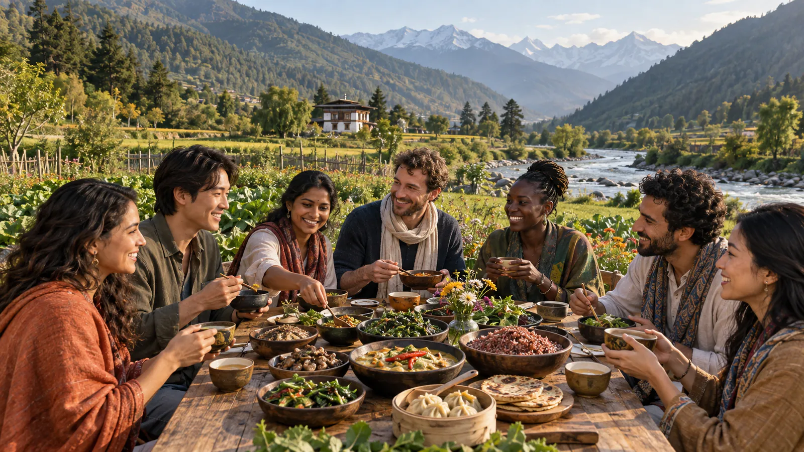 International retreat guests sharing Bhutanese food on a green riverside farm in Paro