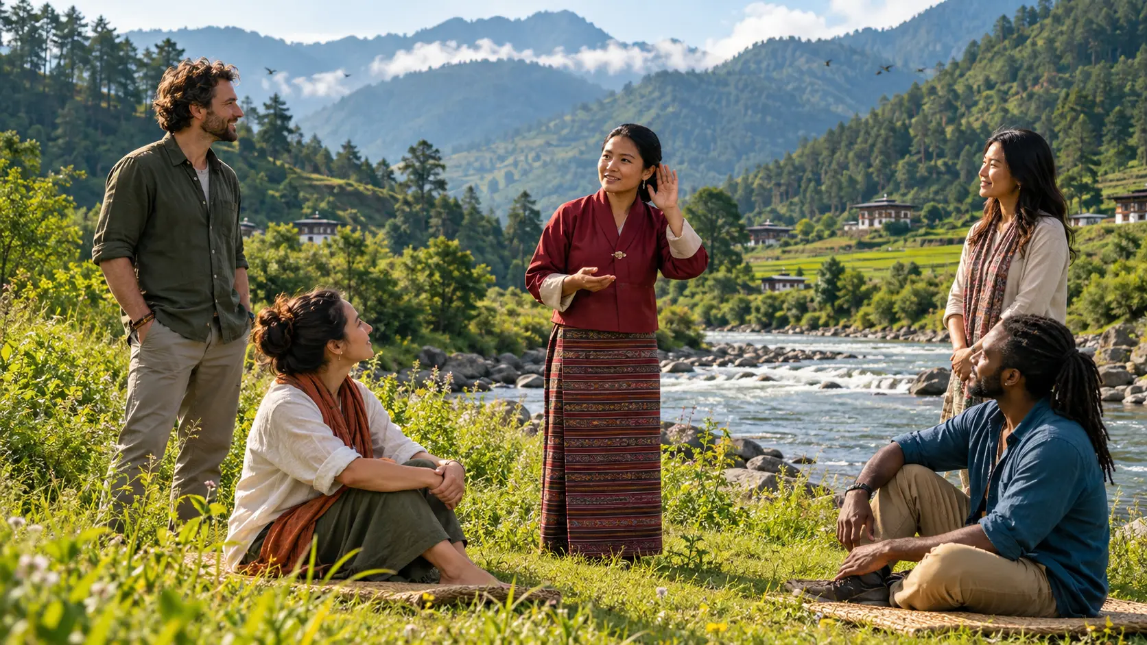 International retreat guests practising mindful listening beside the Paro River in Bhutan