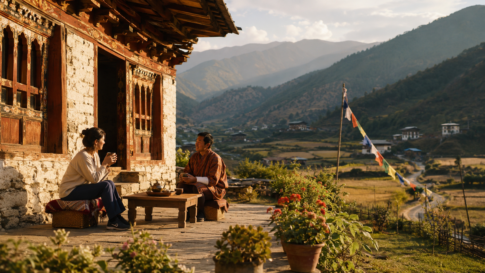 Traveller sharing tea with a Bhutanese host beside a traditional farmhouse in Paro
